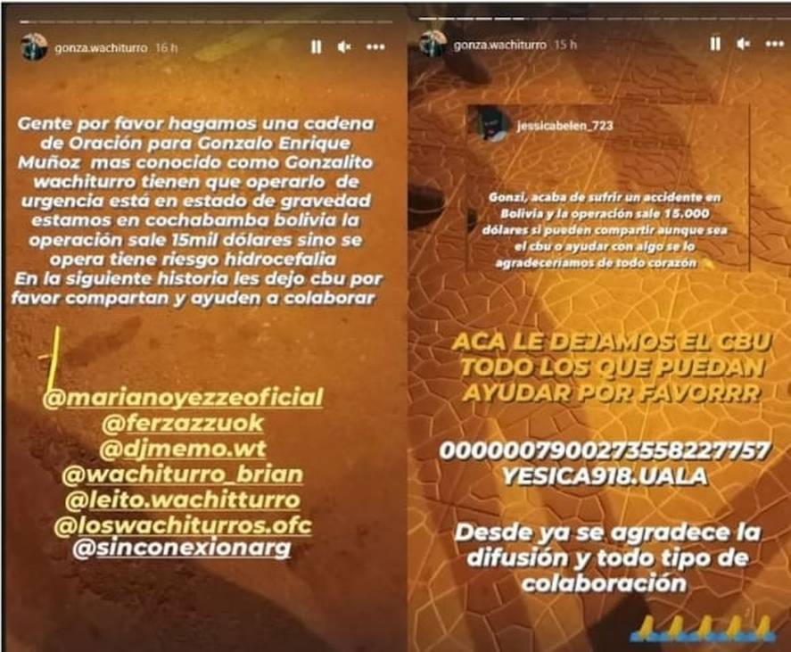 La publicación de historias donde piden cadena de oración y donación para "Gonzalito".