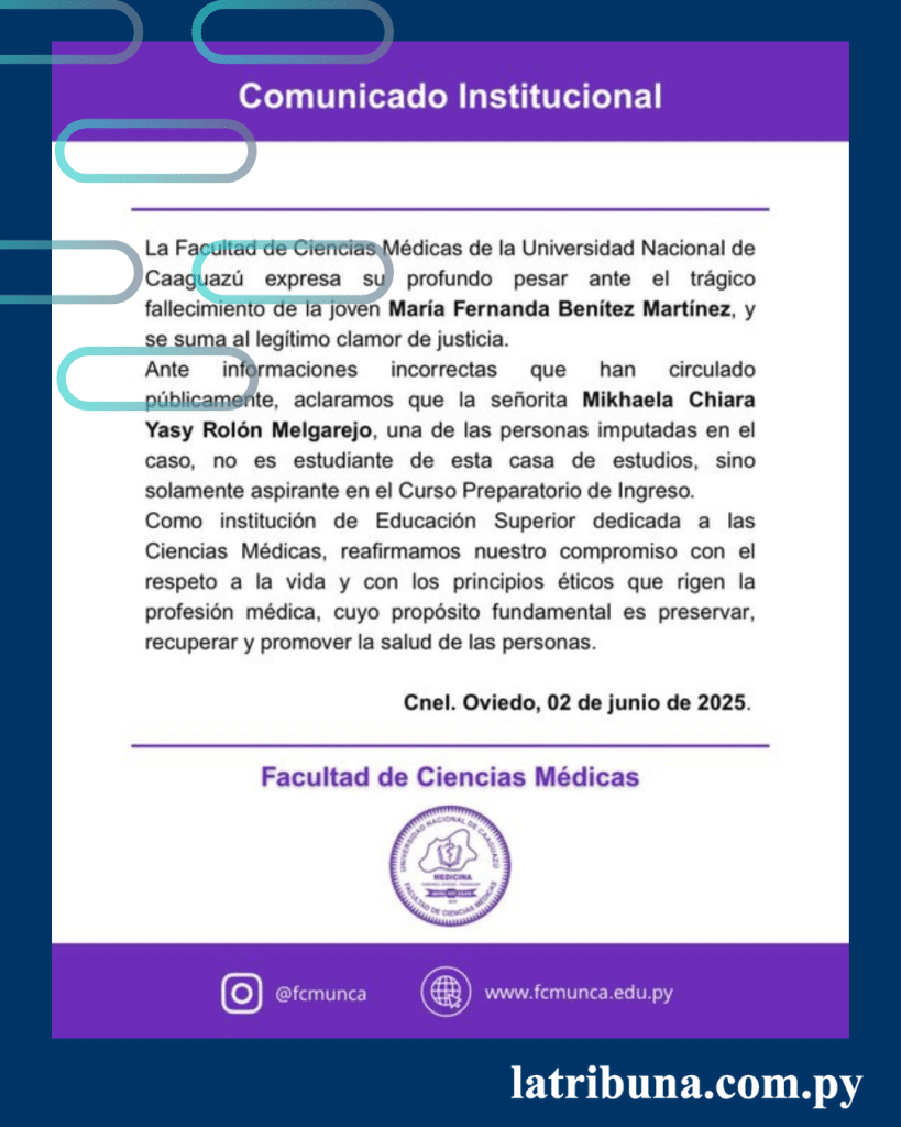 La Facultad de Ciencias Médicas de Caaguazú aclaró que la joven Mikhaela Chiara Yasy Rolón Melgarejo no es alumna de dicha institución, es aspirante en el curso Preparatorio de Ingreso.