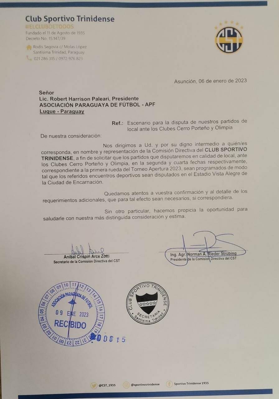 La nota presentada por el "Triqui", solicitando el chute ante Olimpia y Cerro, en Encarnación. (Foto: Gentileza)