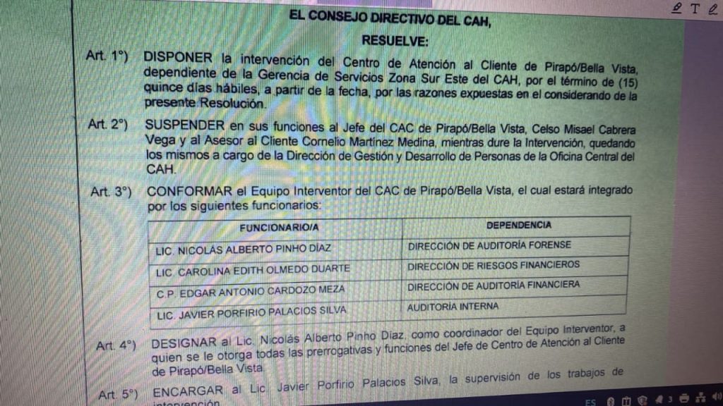 En junio pasado el consejo directivo del CAH había dispuesto la intervención del centro de atención al cliente de Pirapó.