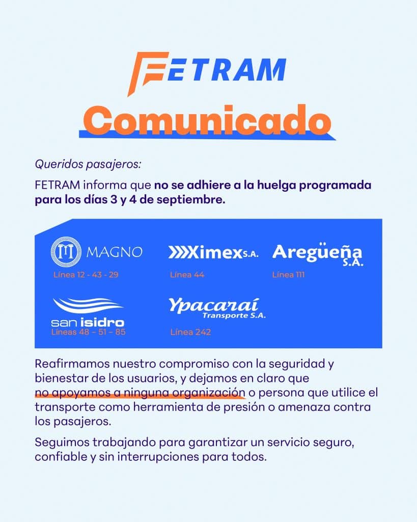 Comunicado de la FETRAM. Vía Facebook.