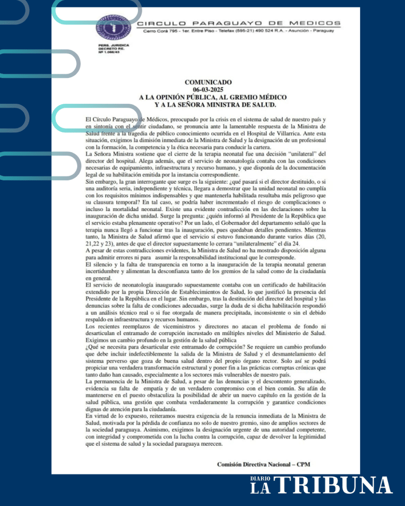 Comunicado emitido por el Círculo Paraguayo de Médicos.