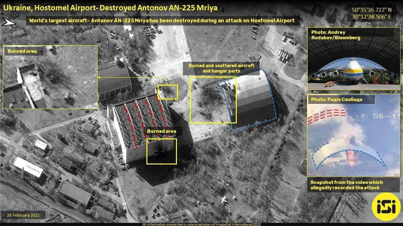 Una de las primeras imágenes que se dieron a conocer del ataque al aeropuerto en el que estaba el Antonov 225. (Foto: Twitter)