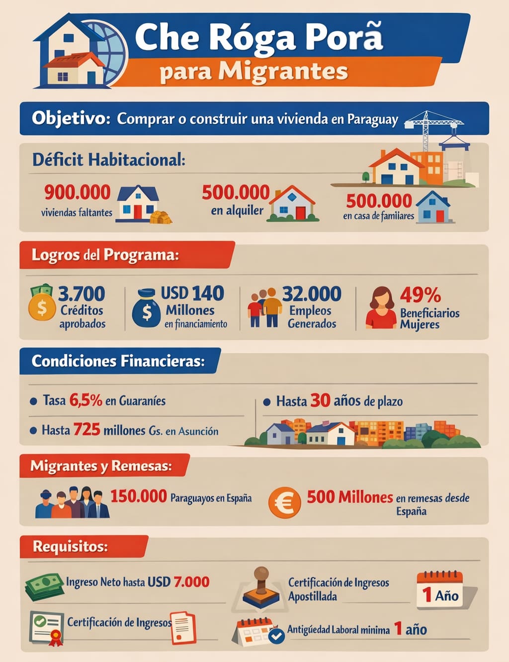 Programa habitacional llegará a España para paraguayos residentes en ese país, de manera a facilitar la compra o construcción de viviendas bajo el sistema financiero formal.