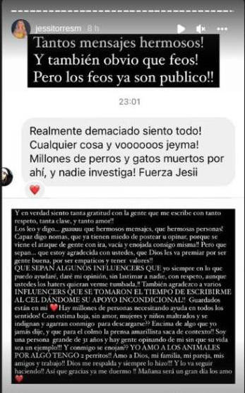 Jessi Torres y su descargo en redes sociales. (Captura de pantalla)