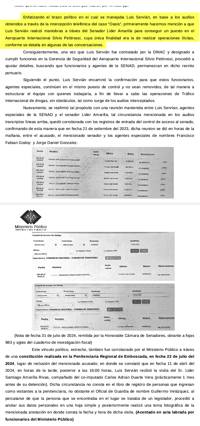 Gran parte de la acusación del Ministerio Público menciona al senador Líder Amarilla.