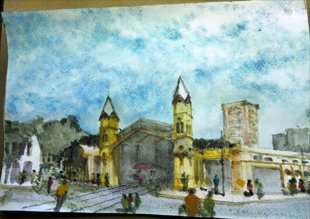 Estación Central de Trenes de Asunción, en acuarela. Obra Vladimir Correa Paniagua.