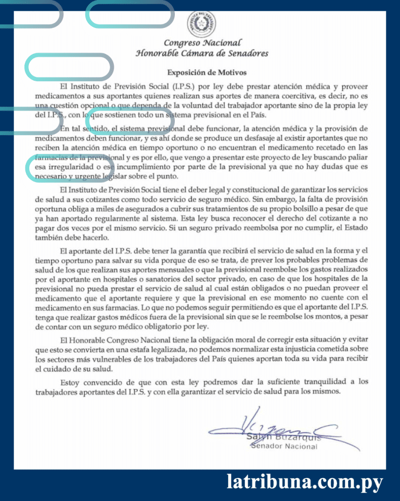 La propuesta fue presentada por el senador nacional Salyn Buzarquis, quien plantea que el IPS devuelva el dinero cuando no preste atención médica o insumos en tiempo oportuno.
