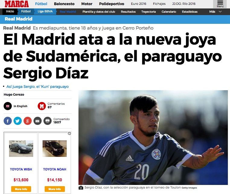 El diario Marca de España destacó en su versión digital el fichaje del paraguayo.