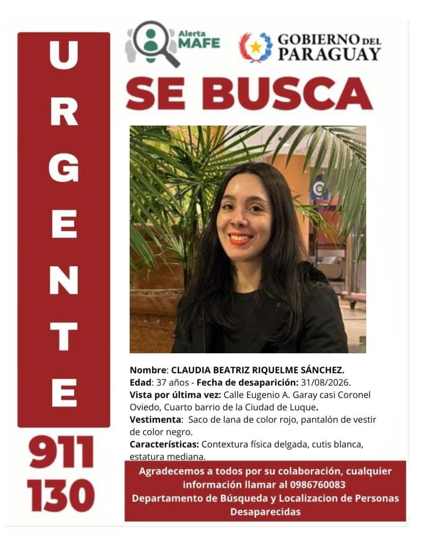 Solicitan ayuda para encontrar a mujer desaparecida en Luque. Foto: gentileza