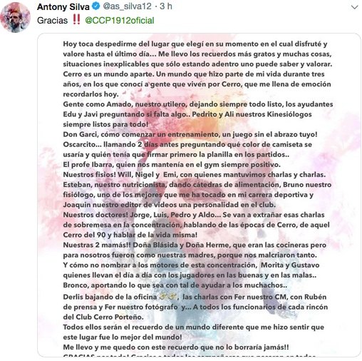 Silva escribió una emotiva carta de despedida al Ciclón.