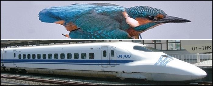 Una imagen que muestra al pájaro Martìn pescador con el tren bala Shinkansen, en la que se puede apreciar la inspiración en el diseño de este.