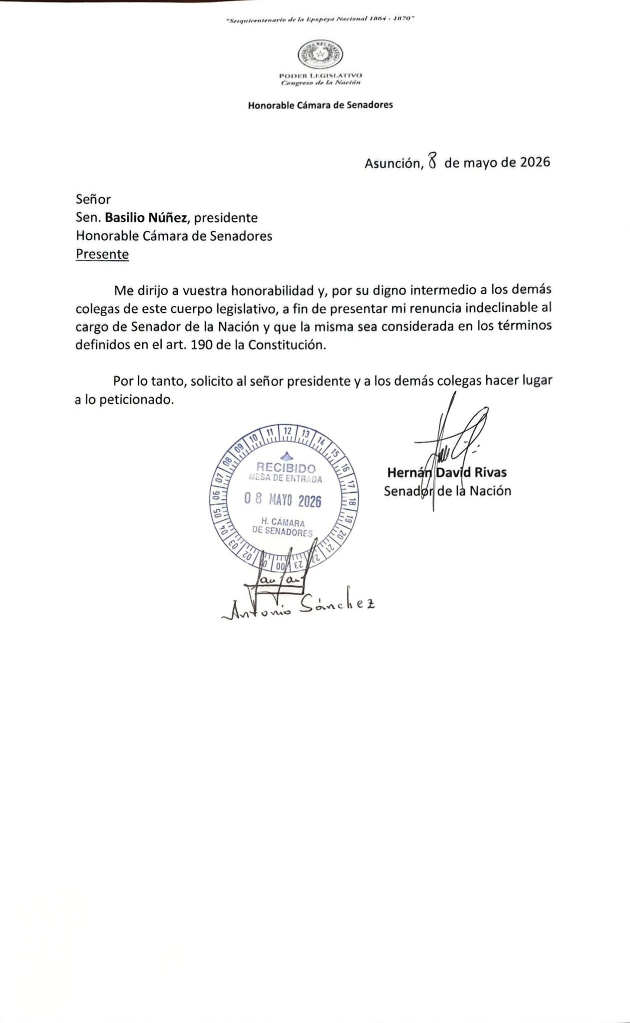 Documento de la renuncia de Rivas. Foto: Gentileza