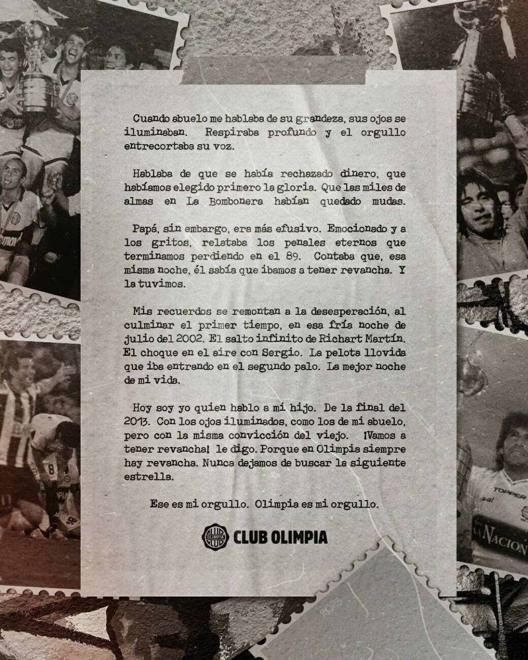 La emotiva carta que Olimpia le dedicó a sus hinchas. (Foto: Club Olimpia)