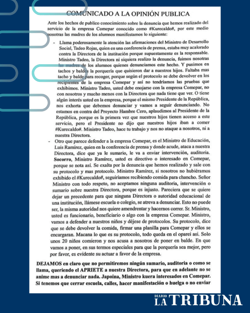 Comunicado emitido por un grupo de madres, en apoyo a la directora.