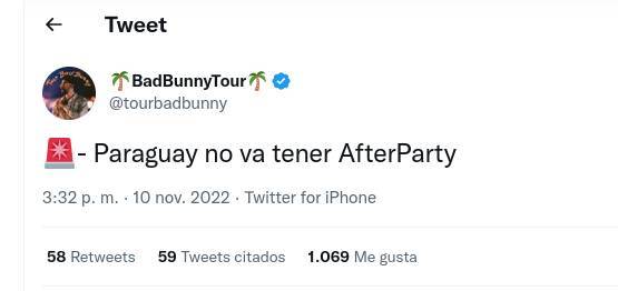 La publicación de la página oficial del tour de Bad Bunny.