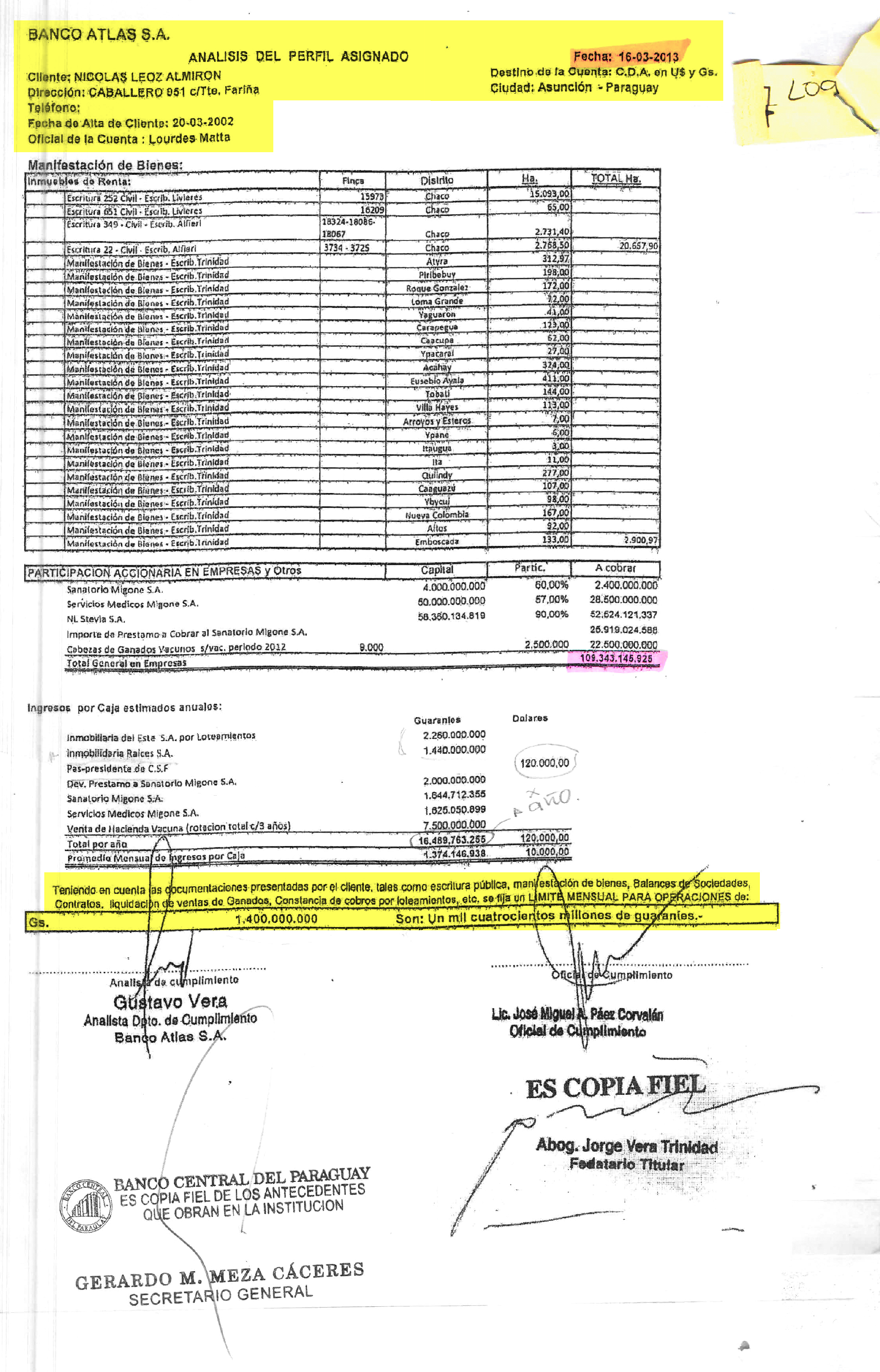 La oficial de cuentas del banco Atlas, Lourdes Matta, se desvinculó de la elaboración de los LOAs de Nicolás Leoz diciendo que eso lo manejaba directamente el oficial de cumplimiento José Páez quien trataba directamente con el Directorio del banco