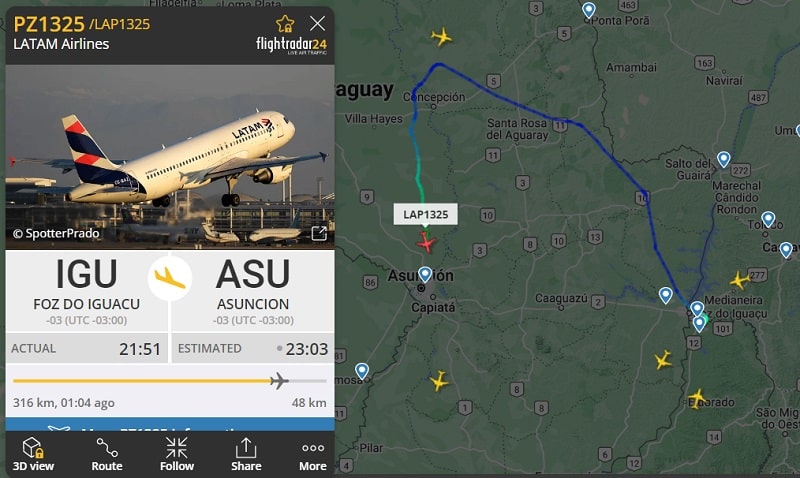 Momentos de terror vivieron los pasajeros del vuelo LAP1325 de Latam Airlines tratando de escapar de la tormenta. Imagen: flightradar24.com