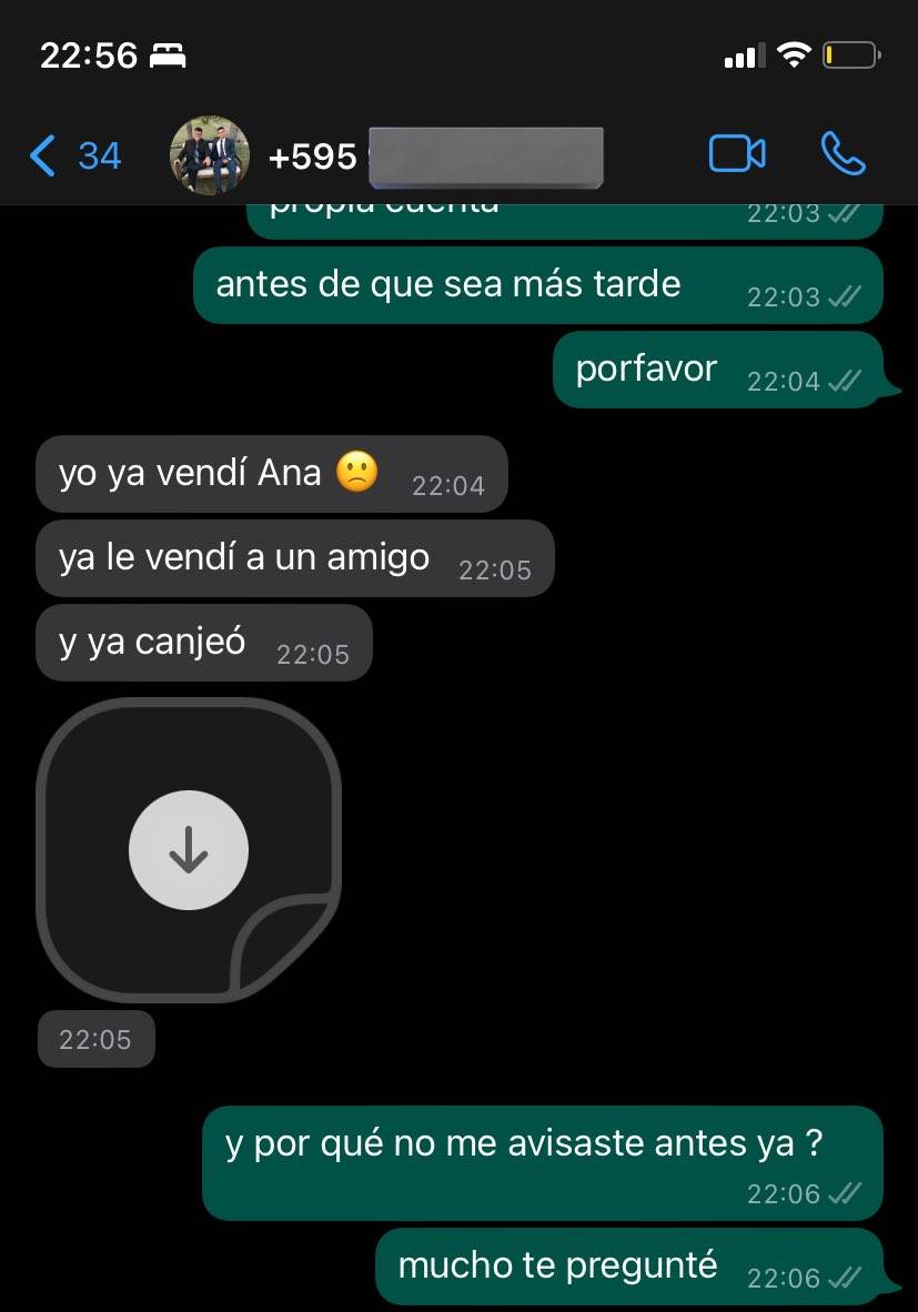 Parte de la conversación que tuvo Ana con Samir, por la entrada. Le daba la inesperada noticia de que ya vendió su entrada.