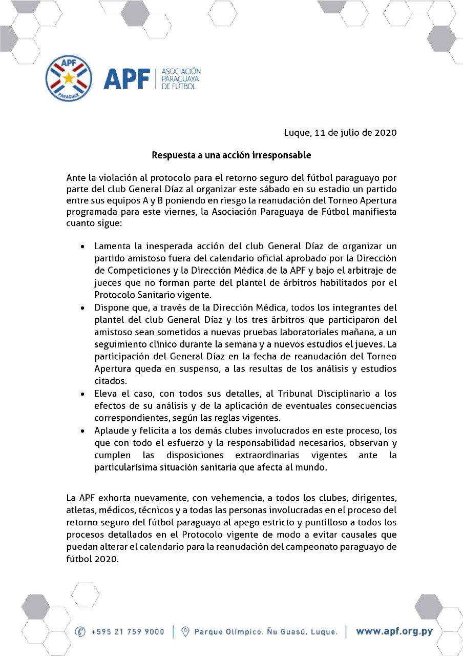 Este es el comunicado que la APF sacó con respecto a la total irresponsabilidad del equipo “Aviador”.