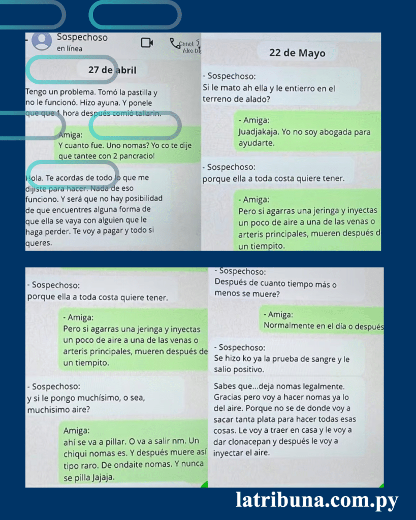 Chats entre el menor imputado como autor y su presunta cómplice, la joven de 19 años que se encuentra prófuga.