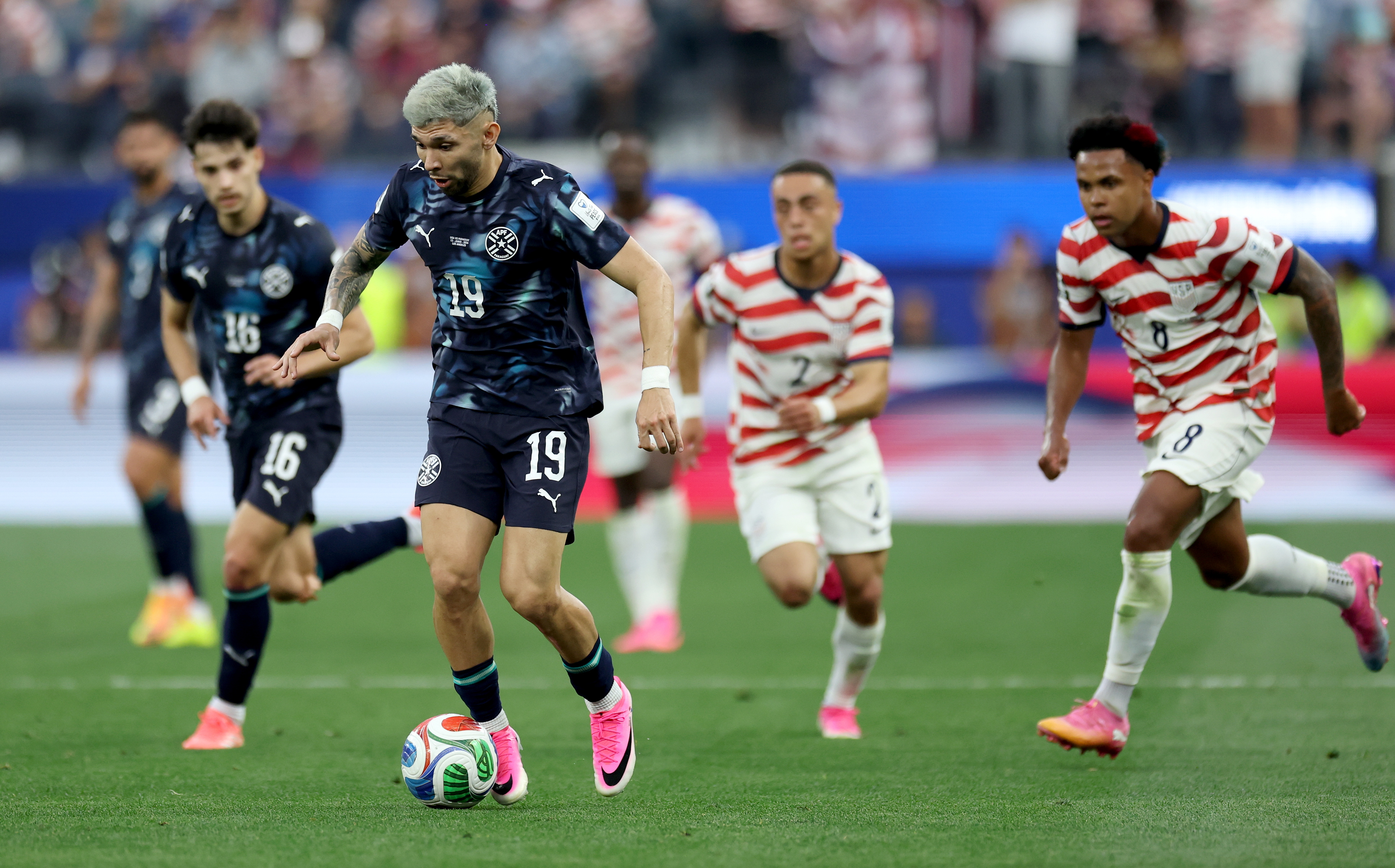 LOS ANGELES (United States), 12/06/2026.- Julio Enciso of Paraguay in action during the FIFA World Cup 2026 group stage match USA against Paraguay, in Los Angeles, California, USA, 12 June 2026. EFE/EPA/CHRIS TORRES