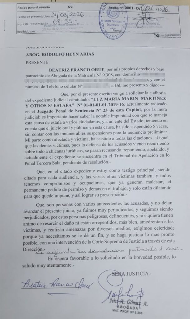 Esta es la nota que la abogada y doña Beatriz presentaron para que la causa sea auditada- Foto Gentileza (Jenni Gómez)