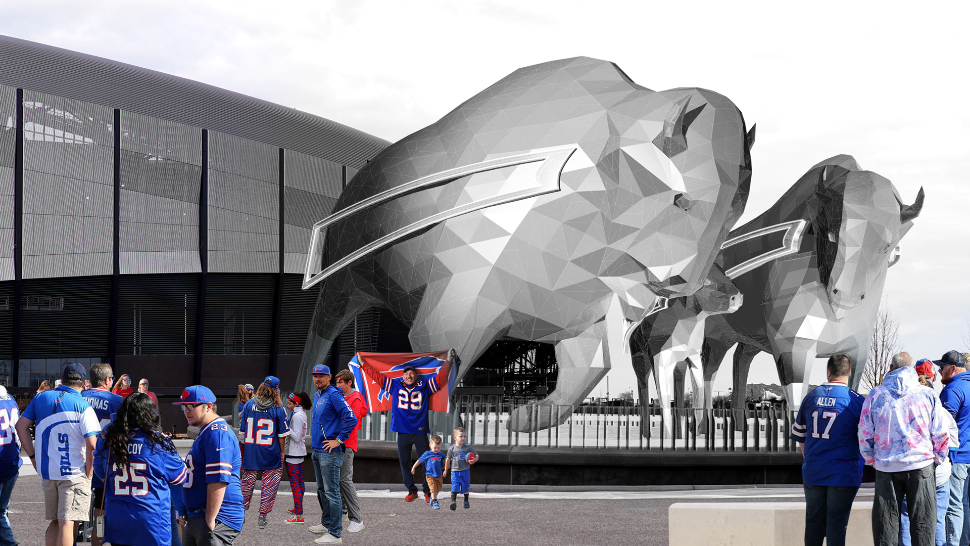 Bills unveil design of bison family statues, whose nostrils can blow steam