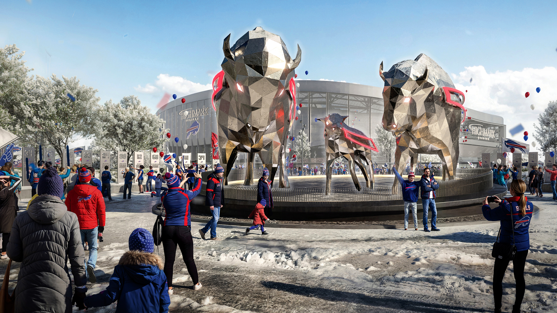 Bills unveil design of bison family statues, whose nostrils can blow steam