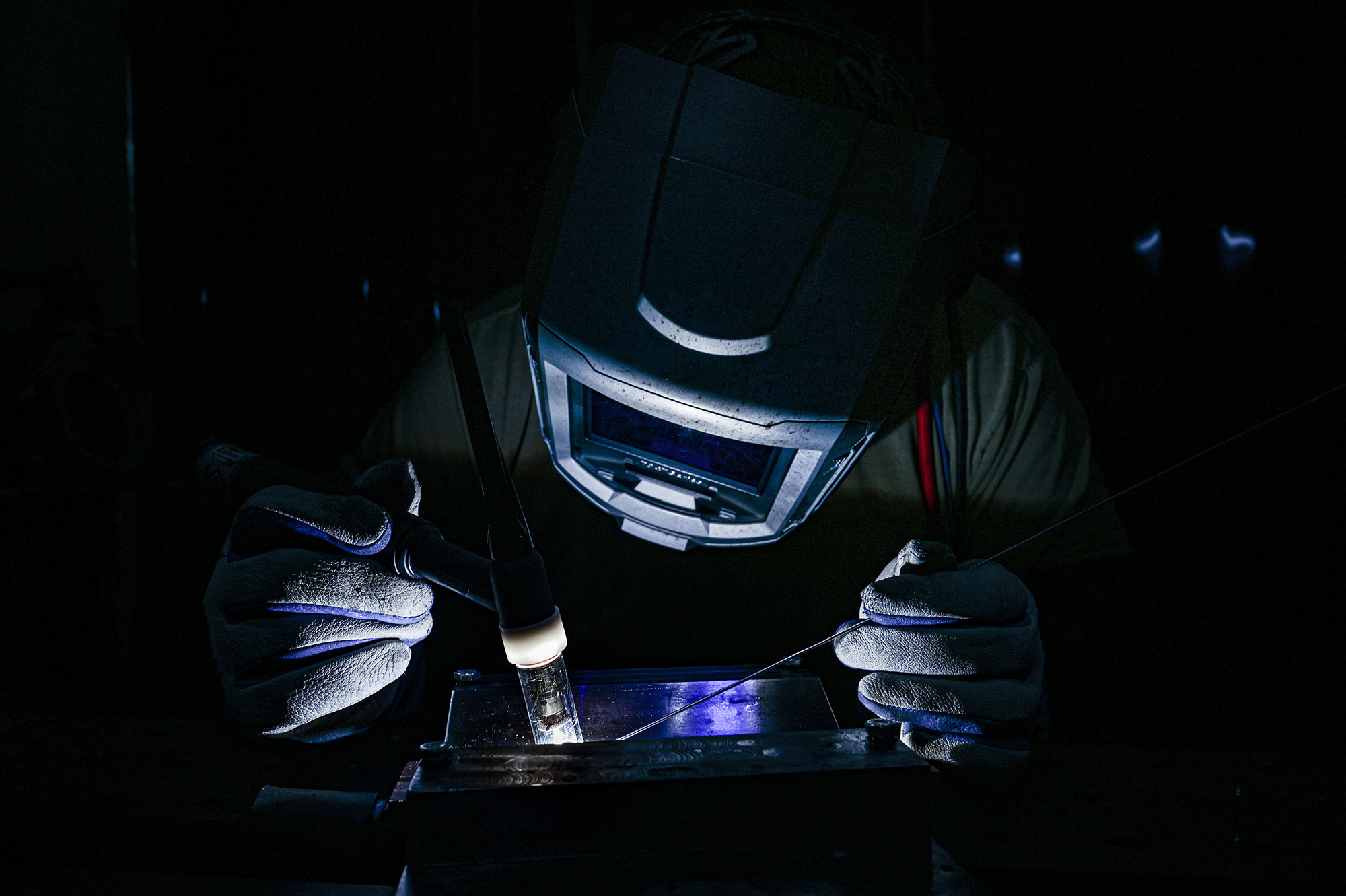 Staff Sgt. Adam Kitta welds metal recertification welding plates at the Pittsburgh International Airport Air Reserve Station, Pa., Oct. 29, 2020. (Joshua J. Seybert/Air Force)