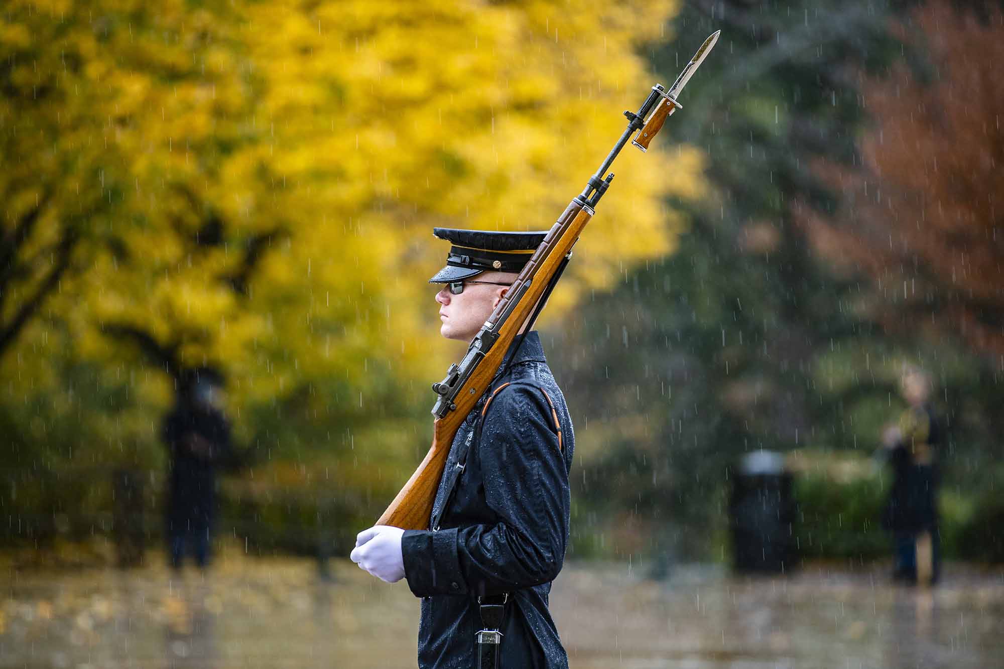 A sentinel from the Old Guard walks the mat at the Tomb of the Unknown Soldier at Arlington National Cemetery, Arlington, Va., Nov. 11, 2020. (Elizabeth Fraser/Army)