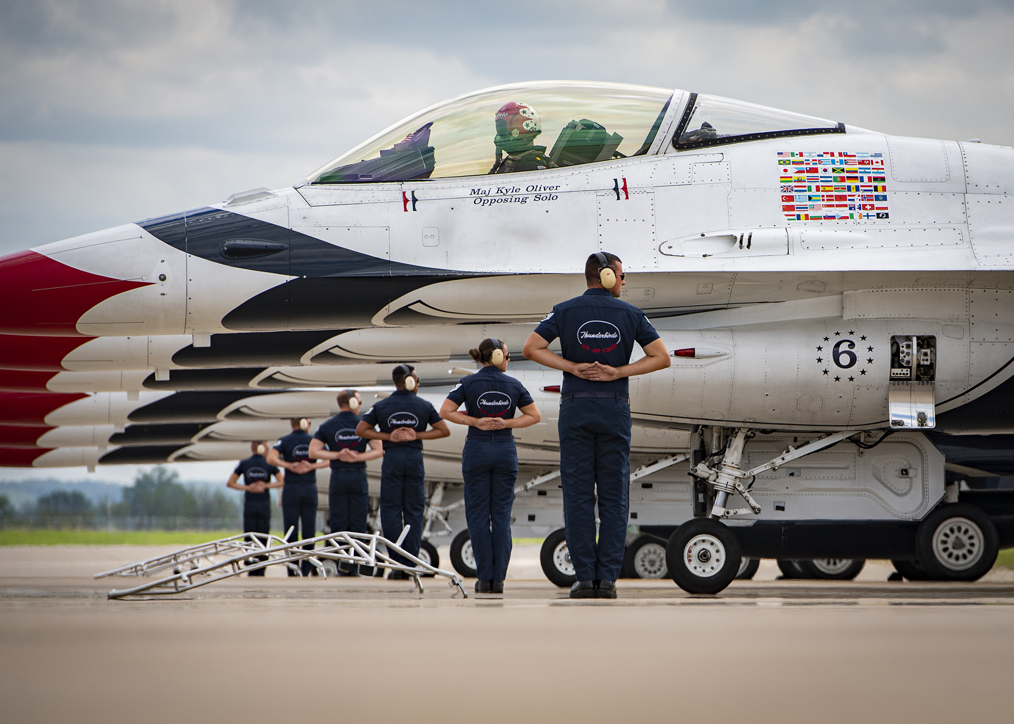 The United States Air Force Air Demonstration Squadron “Thunderbirds” line up in formation before performing in the Sound of Speed Air Show in St. Joseph, Mo., May 2, 2021. This was the first time the team performed in St. Joseph in more than three decades. (Staff Sgt. Andrew D. Sarver/Air Force)