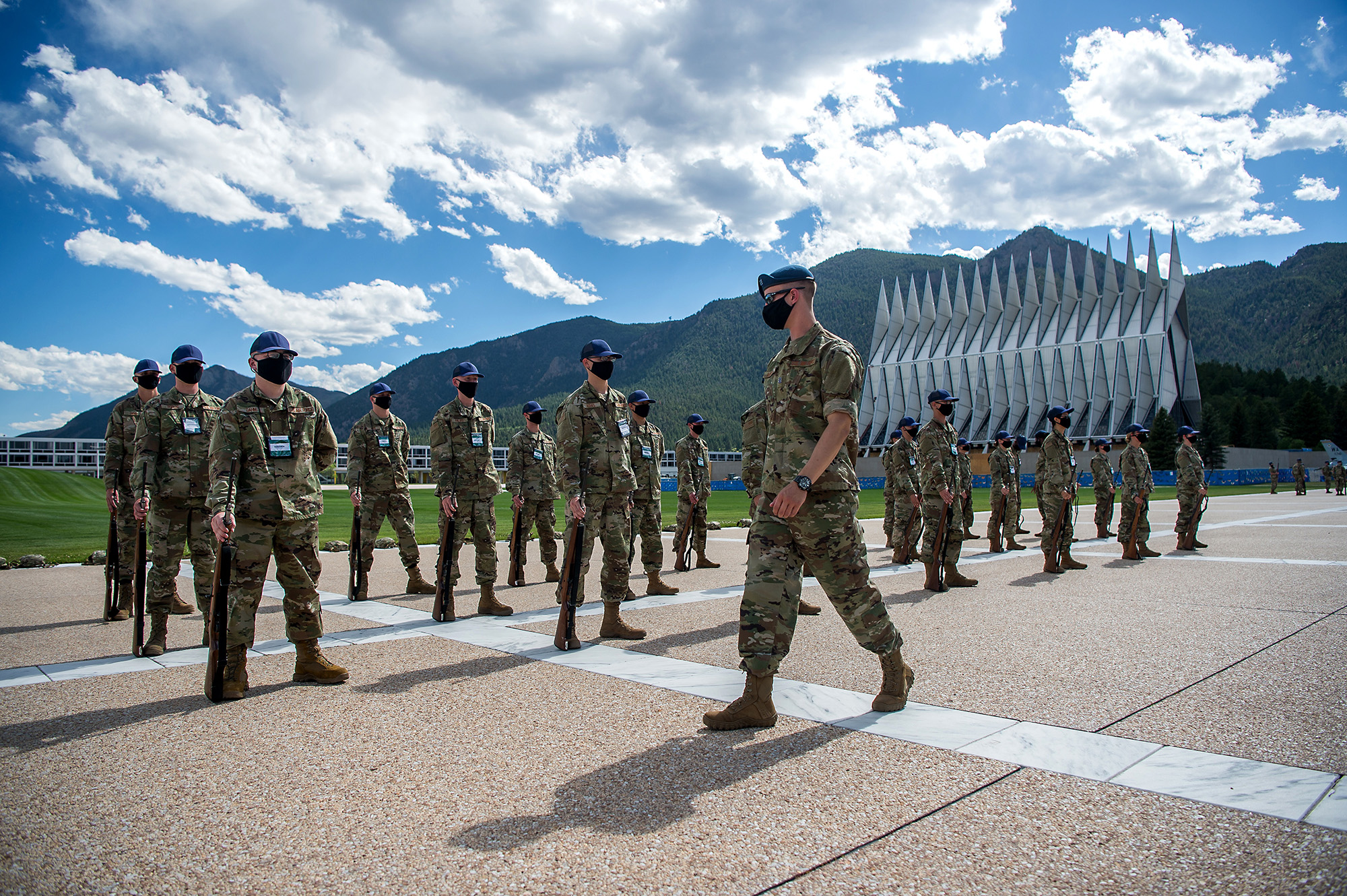 Academy basic cadets participate in the first phase of basic cadet training with marching drills on July 8, 2020, on the Terrazzo at the U.S. Air Force Academy in Colorado. (Trevor Cokley/Air Force)