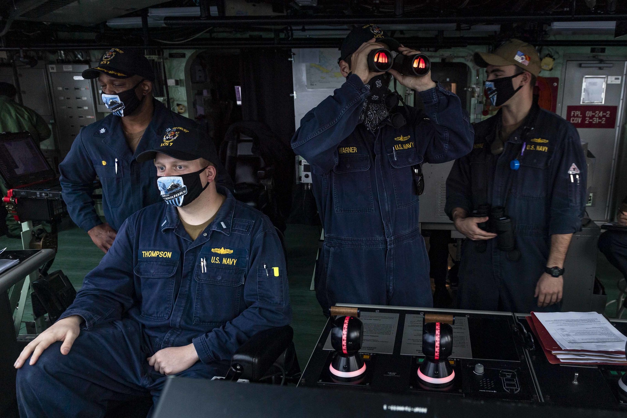 Sailors stand watch on the navigation bridge aboard the Freedom-variant littoral combat ship USS Detroit (LCS 7) as the ship pulls into Colon, Panama, on May 19, 2020, for stores and fuel. Detroit is deployed to the U.S. Southern Command area of responsibility to support Joint Interagency Task Force South's mission, which includes counter illicit drug trafficking in the Caribbean and eastern Pacific. (MC2 Anderson W. Branch/Navy)