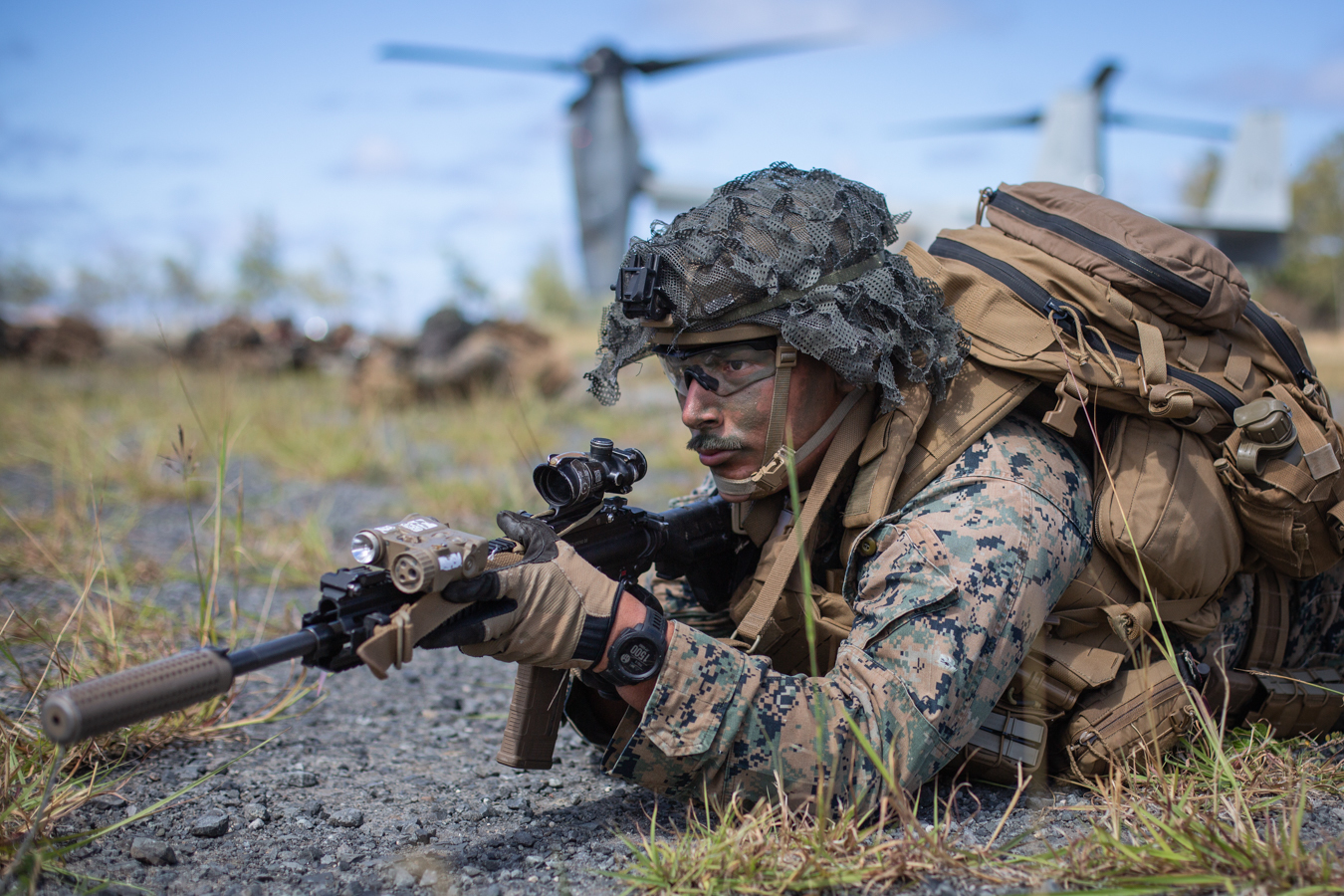 U.S. Marine Corps Cpl. Kevin Hernandez, a rifleman with 1st Battalion, 3d Marines, 3d Marine Division, provides security during an air assault at Marine Corps Training Area Bellows, Hawaii, July 9. (Cpl. Alexis Moradian/Marine Corps)