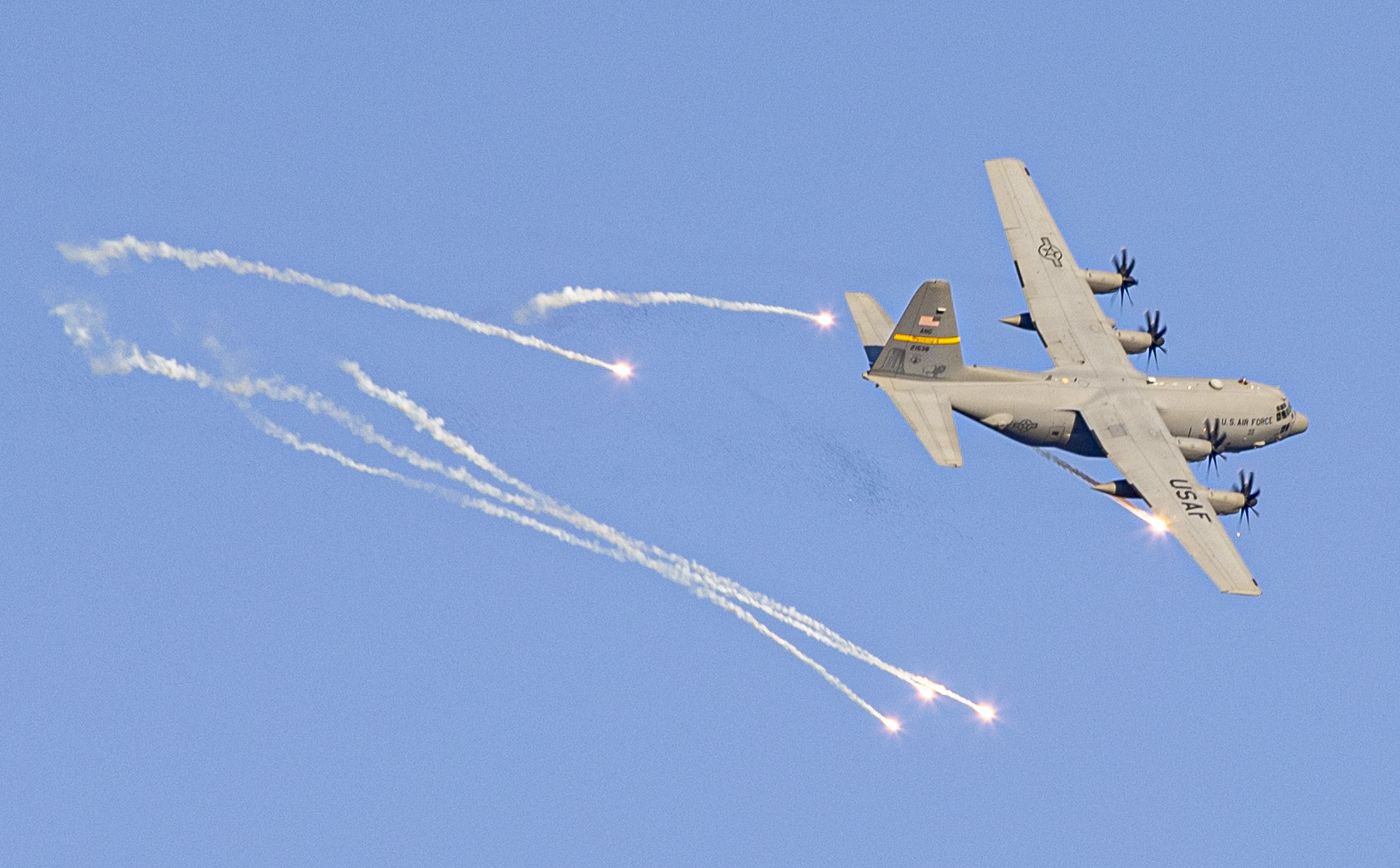 An Air Force C-130 Hercules fires flares during exercise Southern Strike at Camp Shelby Joint Forces Training Center, Miss., April 25, 2021. (Sgt. Jovi Prevot/Army)