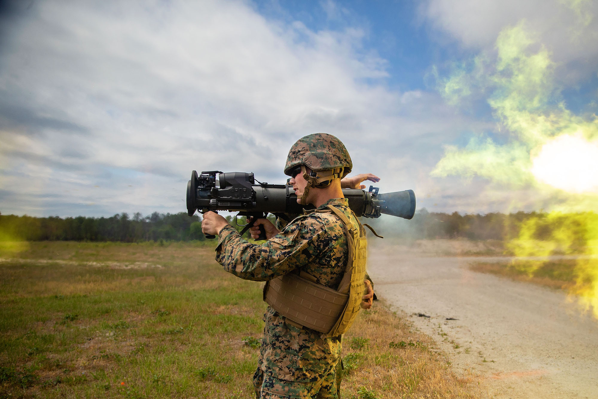 U.S. Marine Corps Cpl. Andrew Ritchie uses the M3E1 Multi-purpose Anti-armor Anti-personnel Weapon System to engage targets during a live-fire training on Camp Lejeune, N.C., May 6, 2021. (Lance Cpl. Emma L. Gray/Marine Corps)