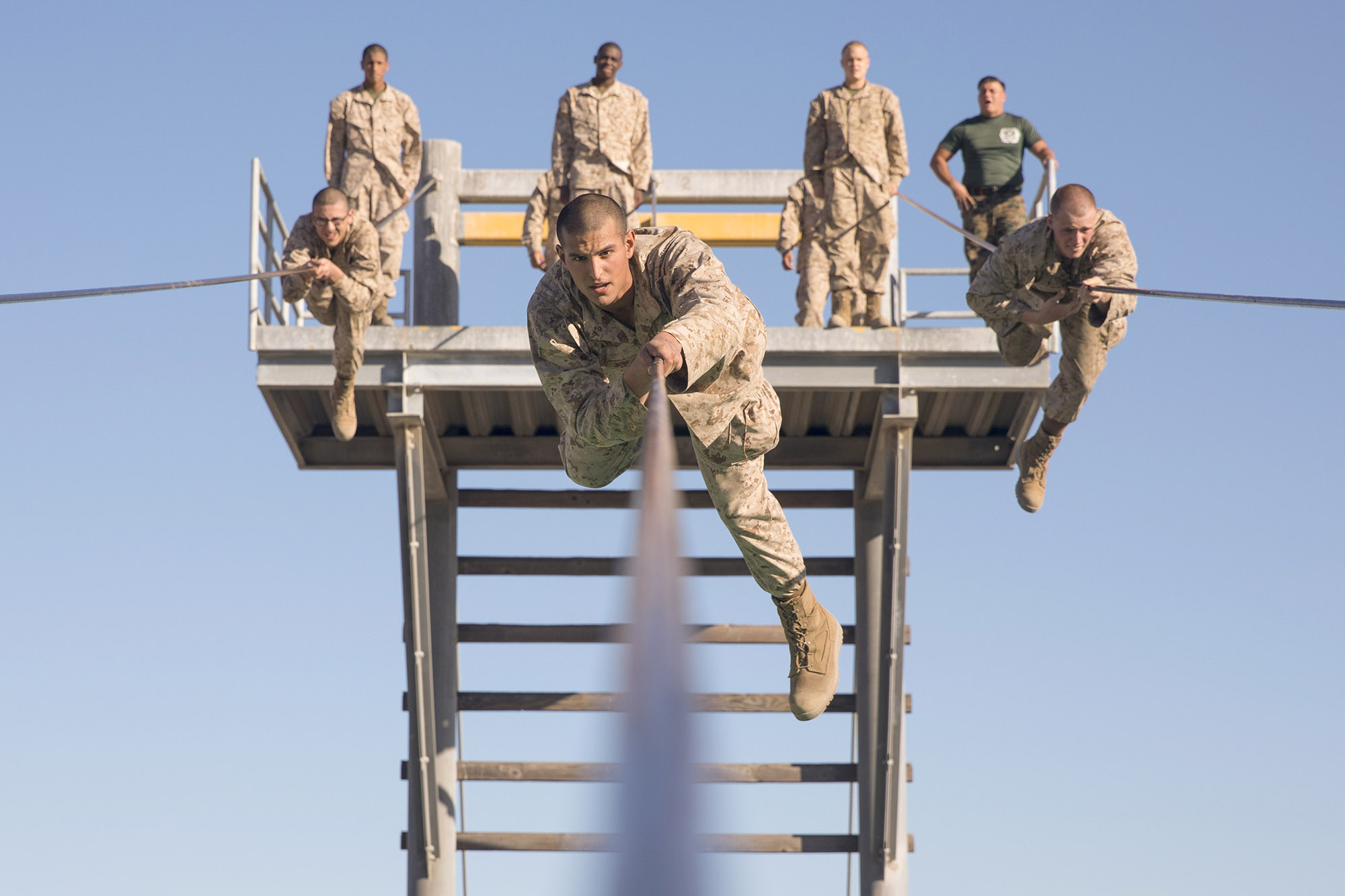 Rct. Eliseo Z. Sandoval overcomes an obstacle during the Confidence Course at Marine Corps Recruit Depot, San Diego, Dec. 2, 2020. (Sgt. Brooke C. Woods/Marine Corps)