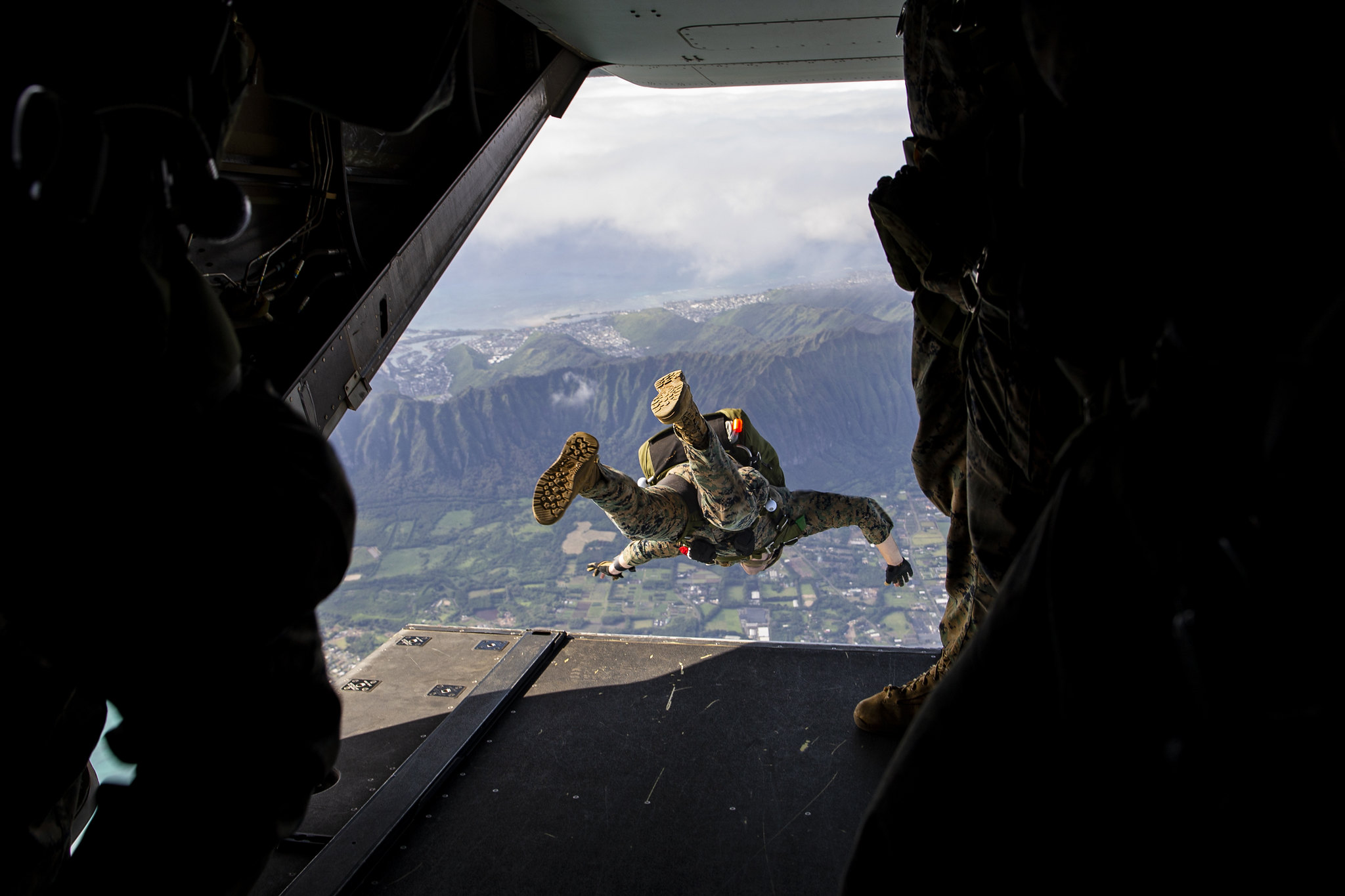 A U.S. Marine jumps during airborne operations Feb. 9, 2021, at Marine Corps Training Area Bellows, Hawaii. (Lance Cpl. Samantha Sanchez/Marine Corps)