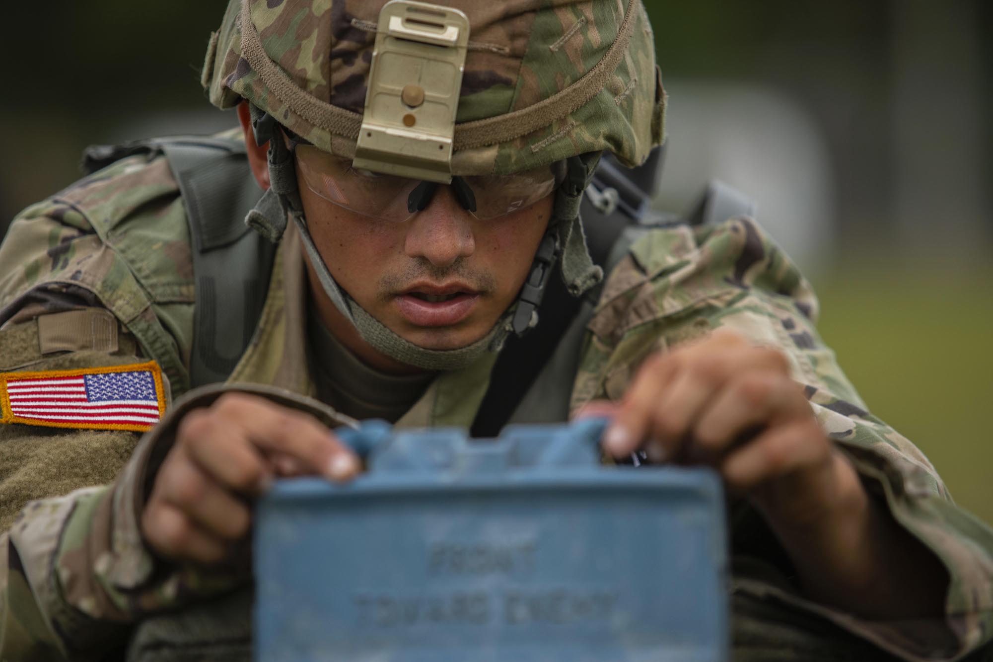 Sgt. Jose Galva Diaz sets up a training M18 Claymore Mine on a multi-event simulation lane during the 2020 U.S. Army Reserve Best Warrior Competition at Fort McCoy, Wis., Sept. 6, 2020. (Spc. Olivia Cowart/Army Reserve)