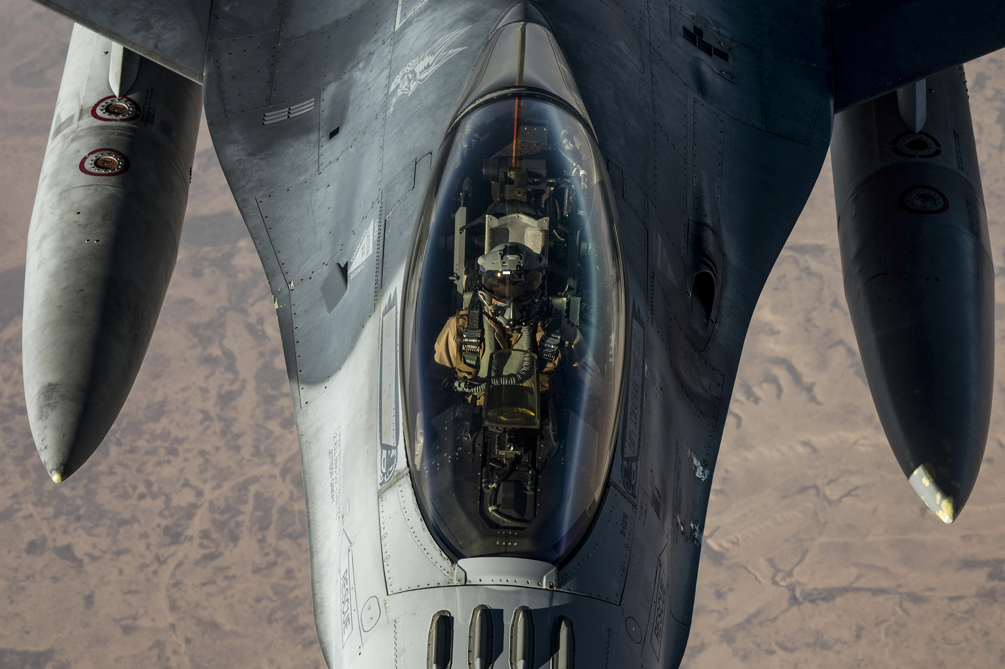 A U.S. Air Force KC-10 Extender conducts aerial refueling with an F-16 Fighting Falcon in the U.S. Central Command area of responsibility Nov. 30, 2020. (Staff Sgt. Sean Carnes/Air Force)