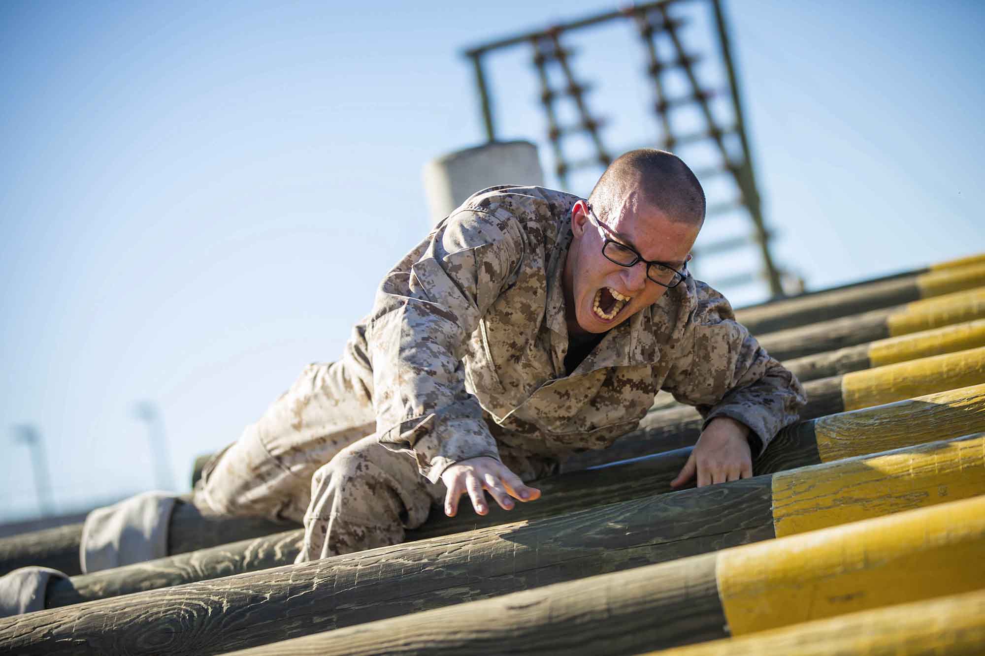 Taryn Bunton, a recruit with Lima Company, 3rd Recruit Training Battalion, participates in the confidence course at Marine Corps Recruit Depot, San Diego, Nov. 16, 2020. (Lance Cpl. Zachary T. Beatty/Marine Corps)