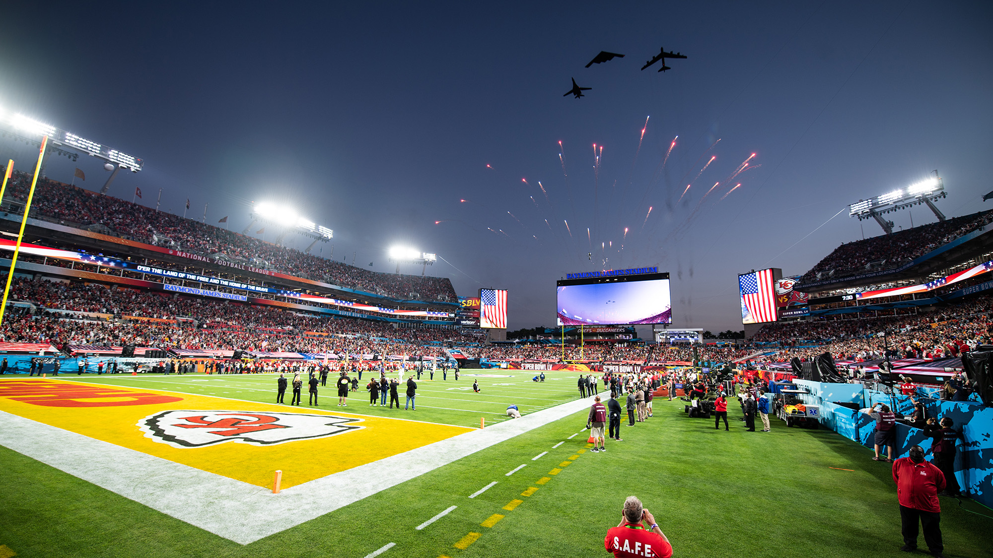 Air Force Global Strike Command bombers perform the Super Bowl LV flyover at Raymond James Stadium in Tampa, Fla., Jan. 7, 2021. The trifecta was the first of its kind as it included a B-1B Lancer from Ellsworth Air Force Base, S.D., a B-2 Spirit from Whiteman AFB, Mo., and a B-52H Stratofortress from Minot AFB, N.D. (Airman 1st Class Jacob B. Wrightsman/Air Force)