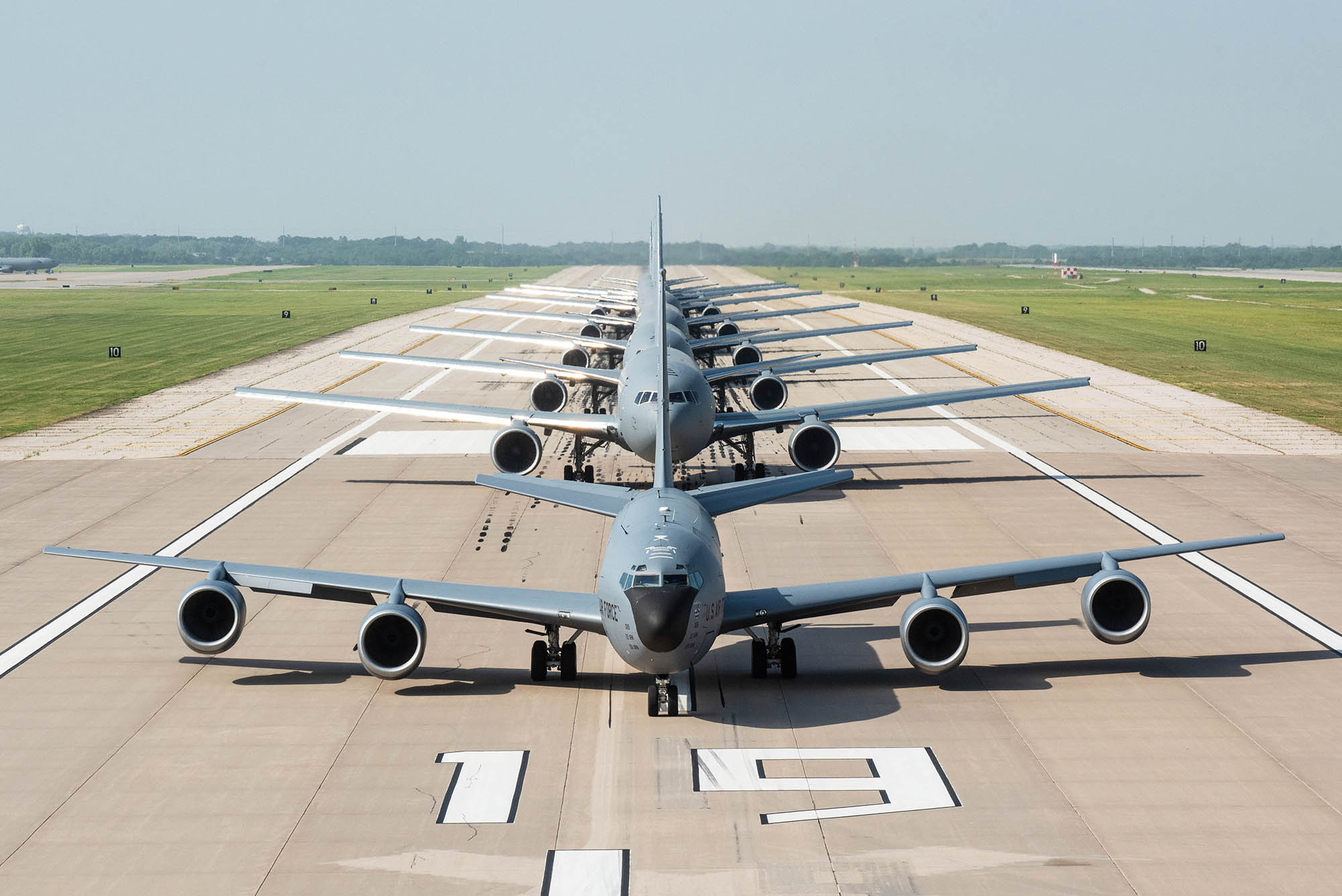 One KC-135 Stratotanker and seven KC-46A Pegasus perform an elephant walk July 1, 2020, at McConnell Air Force Base, Kan. (Staff Sgt. Chris Thornbury/Air Force)