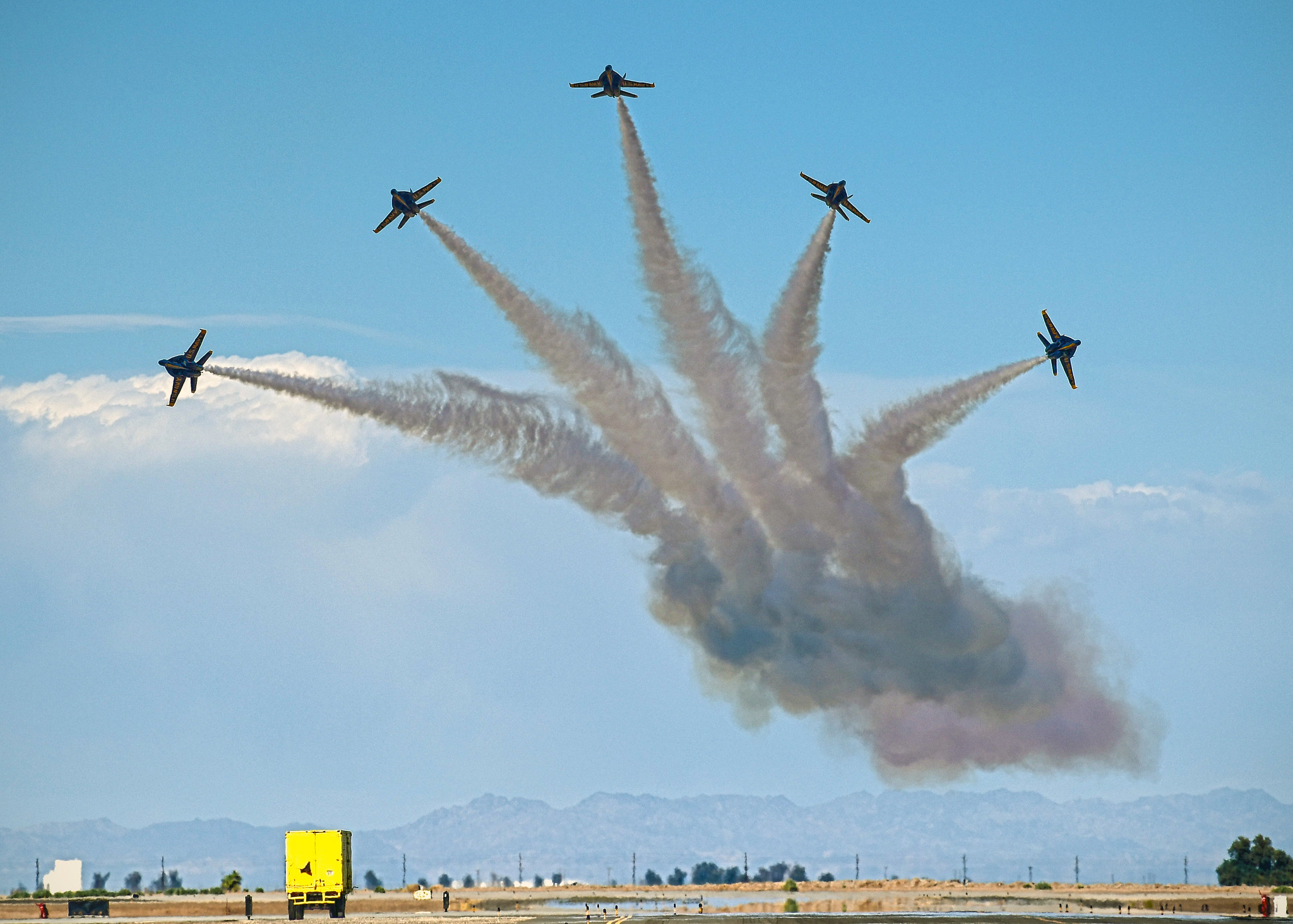 The U.S. Navy Flight Demonstration Squadron, the Blue Angels, complete their winter training at the conclusion of the Festival of Flight, at Naval Air Facility (NAF) El Centro, Calif., March 13, 2021. (MC3 Drew Verbis/Navy)