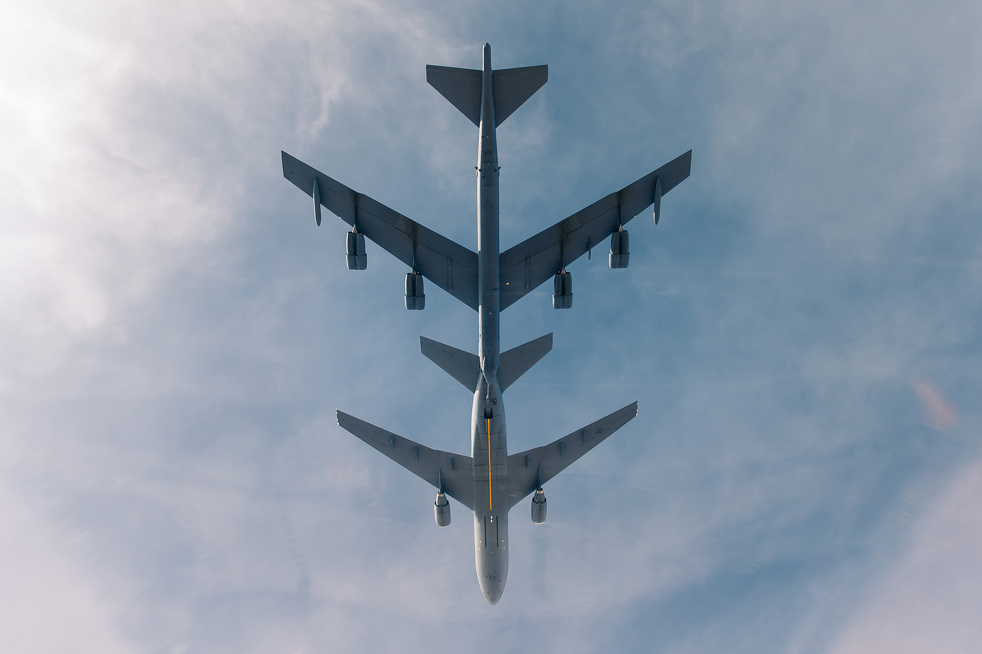 A U.S. Air Force B-52 Stratofortress receives fuel from a KC-10 Extender during a bomber task force mission over the U.S. Central Command area of responsibility Jan. 27, 2021. (Staff Sgt. Trevor T. McBride/Air Force)