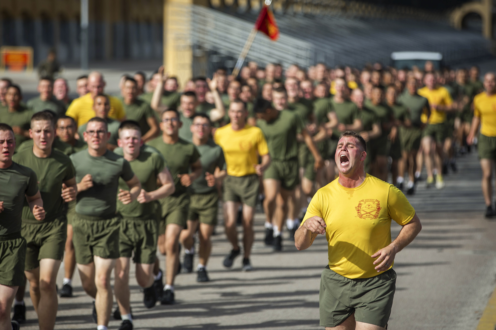New Marines with Echo Company, 2nd Recruit Training Battalion, participate in a motivational run at Marine Corps Recruit Depot San Diego, Feb. 4, 2021. (Lance Cpl. Zachary T. Beatty/Marine Corps)