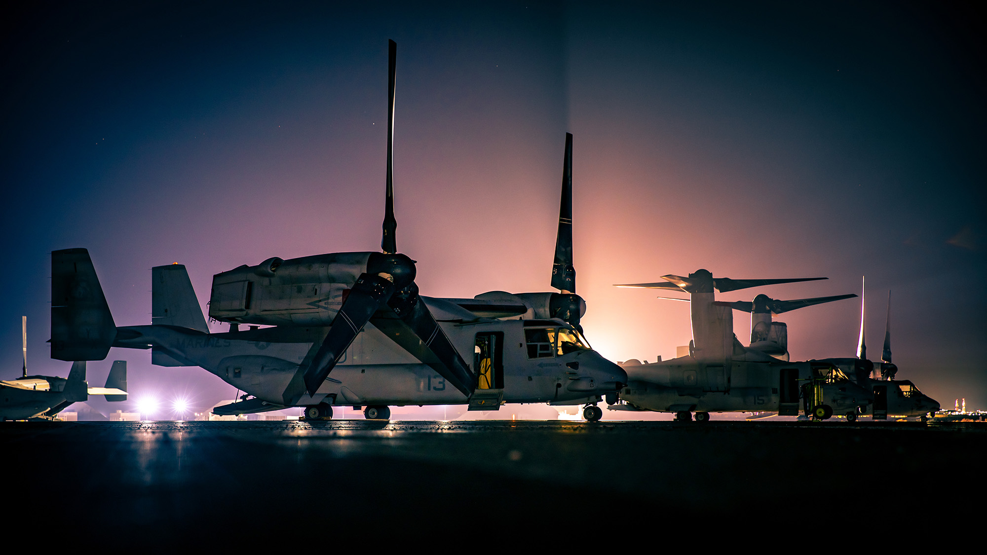 Marine Corps MV-22 Ospreys assigned to Marine Medium Tiltrotor Squadron 166, Special Purpose Marine Air-Ground Task Force Crisis Response - Central Command, are staged on the flight line in Kuwait, Sept 24, 2020. (Lance Cpl. Andrew Skiver/Marine Corps)
