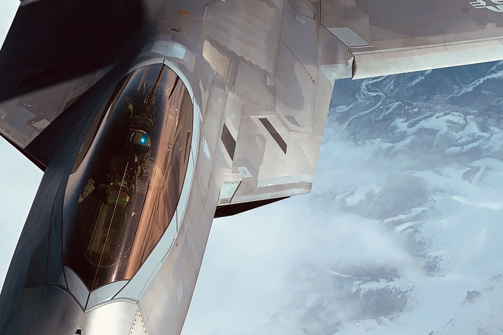 A KC-135 Stratotanker to refuel an F-22 Raptor from Joint Base Elmendorf-Richardson, Alaska, April, 13, 2021. (Master Sgt. Natalie Stanley/Air National Guard)