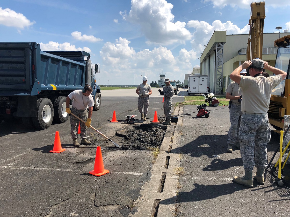 On July 31, several U.S. Air Force civil engineers were tapped to perform airfield work for the Polish armed forces. The troops participating in the DABS exercise used a kit of materiel needed for rapid airfield repairs, such as concrete and asphalt, a variety of saws, and other tools. (Valerie Insinna/Staff)